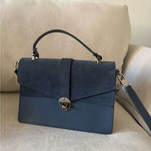 Navy Suede & Leather Top-Handle Satchel